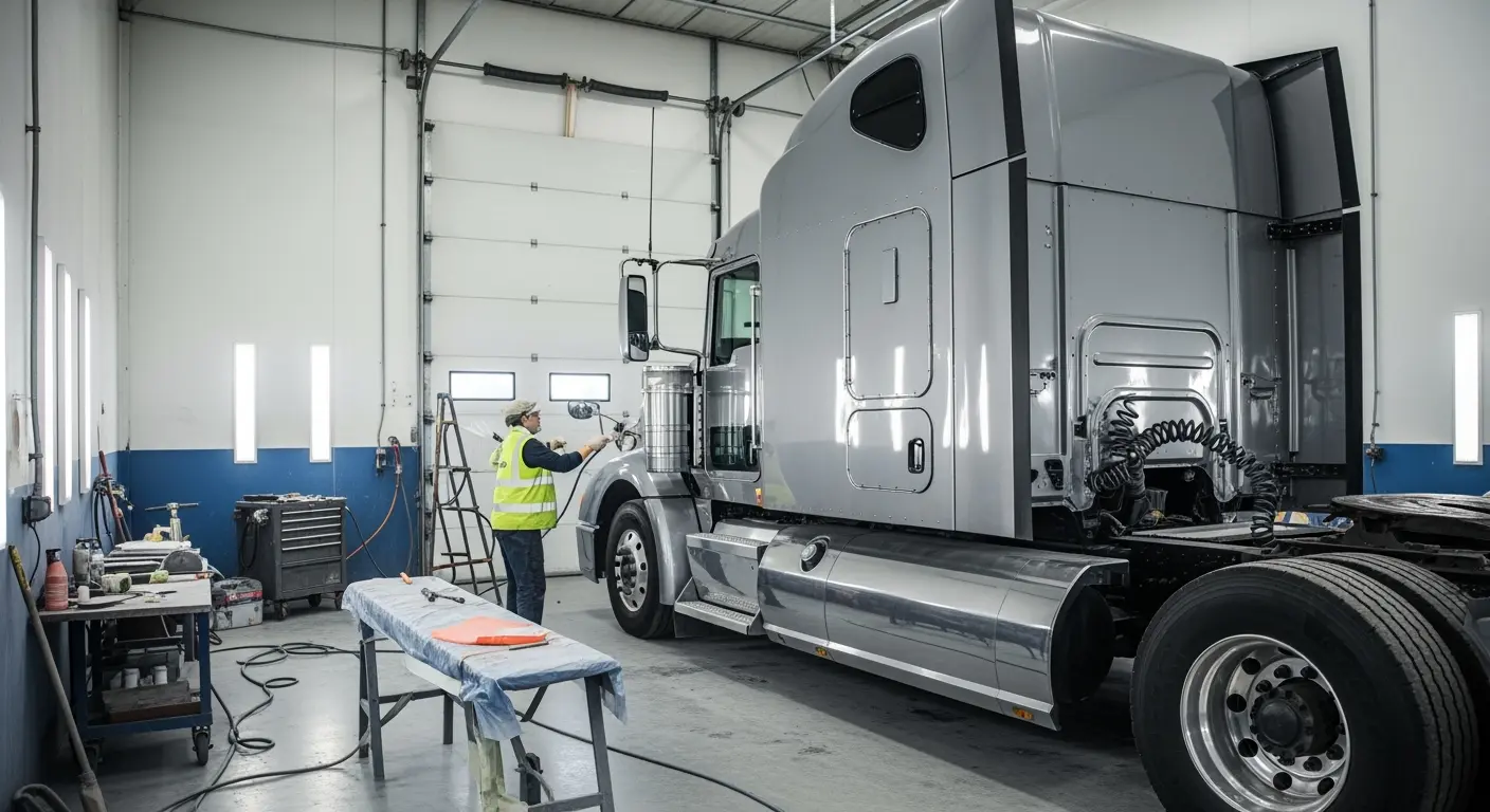 Semi truck undergoing professional body repair at AAA Truck Center